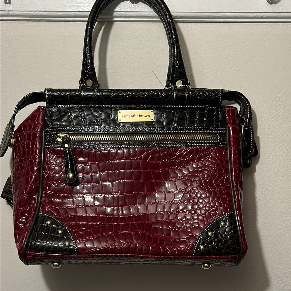 Red and Black Croc-Embossed Satchel Bag